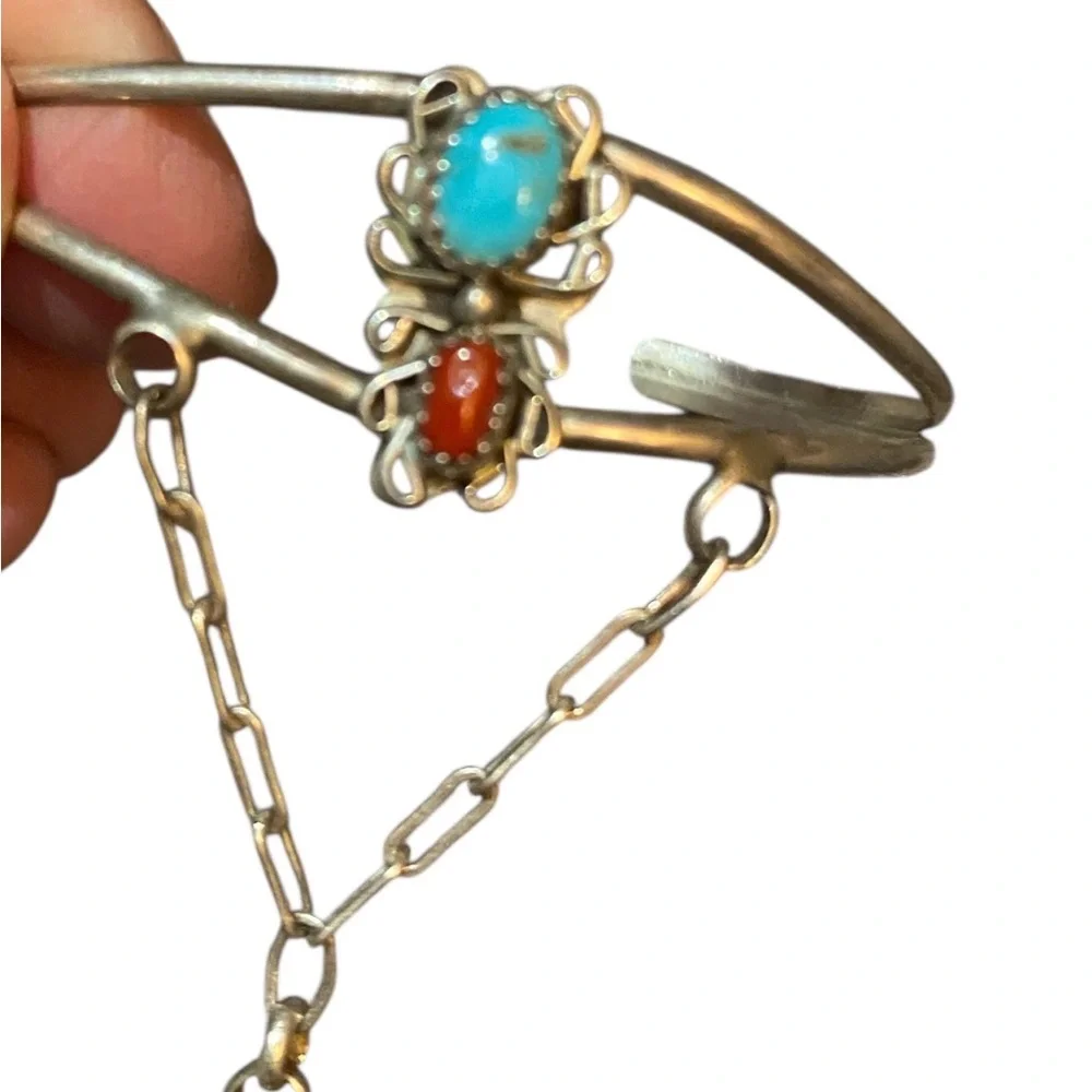 Vintage Navajo sterling silver coral turquoise slave bracelet Sz 5.25 ring Sz 6 - Picture 3 of 7